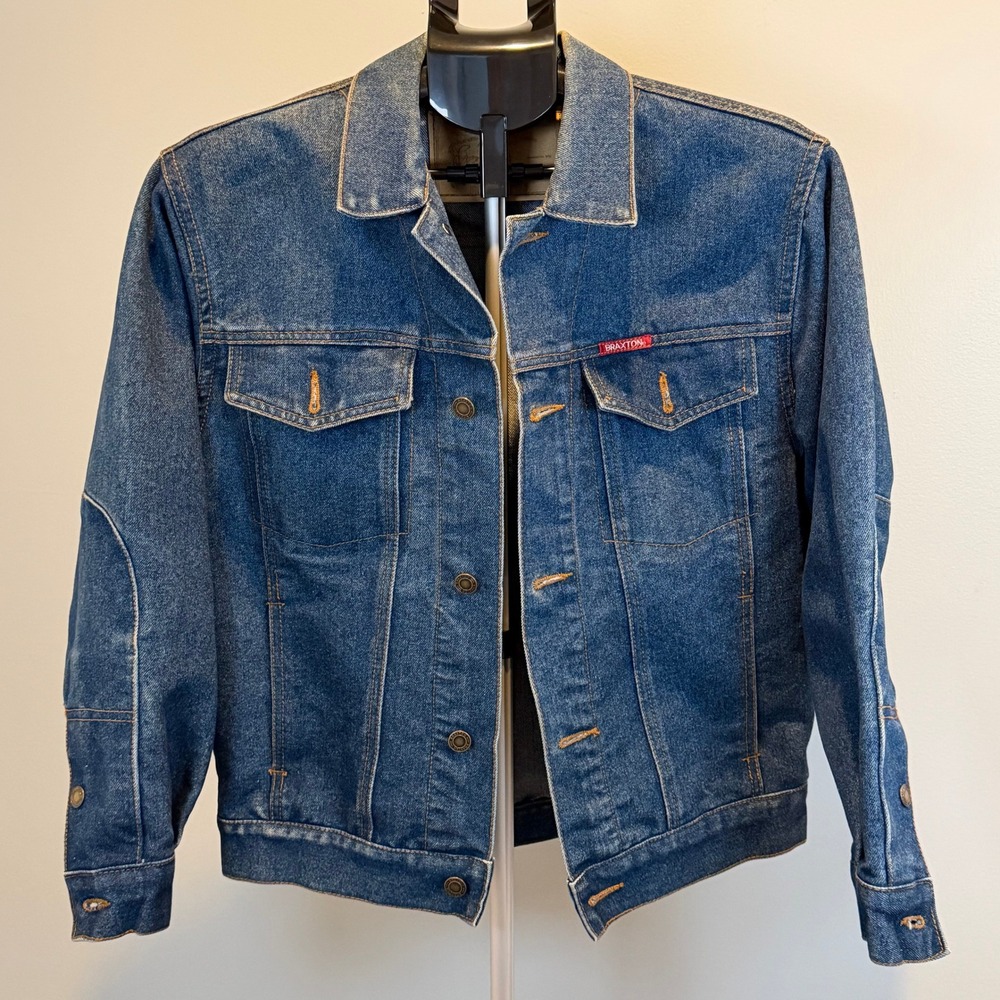 Braxton VTG Stone Wash Denim Trucker Jacket Blue Mens Small Reinforced Elbows‎